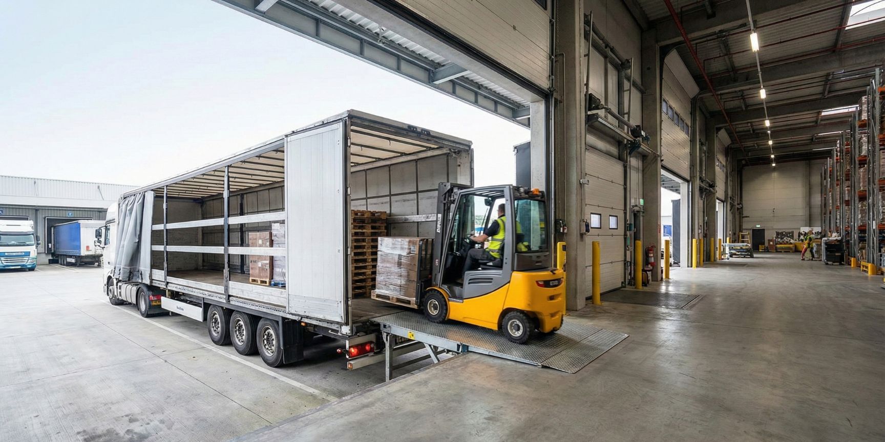 Ein Gabelstapler fährt über eine Überladebrücke, um Paletten in einen angedockten LKW-Auflieger an einer belebten Logistik-Laderampe zu laden